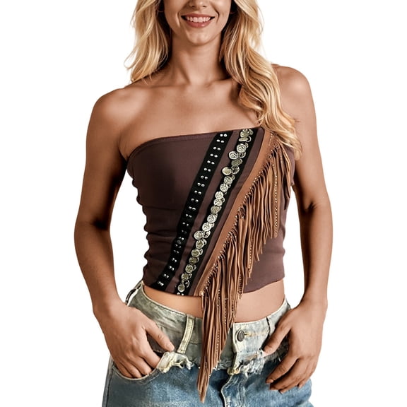 Women's Bohemian Off Shoulder Fringe Crop Top Ethnic Design Sexy Summer Camisole Fashion Exotic Strapless Bandeau