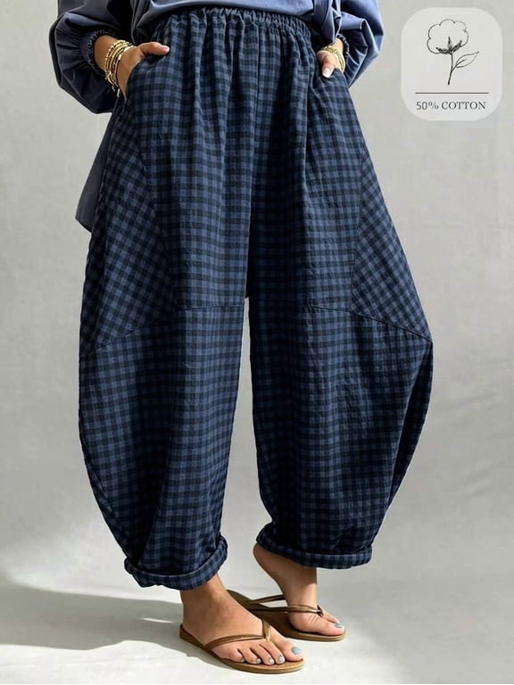 Women's Bohemian Plaid Lantern Pants, Cropped Balloon Pants with Elastic Waist
