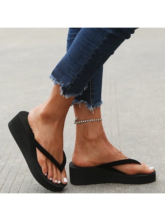 Women's Bohemian Platform Flip Flops, Wedge Thong Sandals with Thick Sole,Black,US:8.5