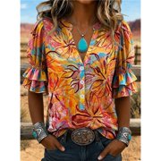 Womens Bohemian Print Blouse, Polyester V-Neck Button Down Shirt with Ruffle Puff Short Sleeves, Casual Western Summer Top for Daily Wear