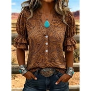 Womens Bohemian Print Blouse, V-Neck Button Down Shirt with Ruffle Puff Short Sleeves, Casual Western Summer Top for Daily Wear