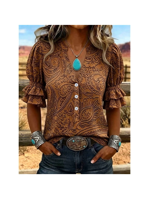 Women's Bohemian Print Blouse, V-Neck Button Down Shirt with Ruffle Puff Short Sleeves, Casual Western Summer Top for Daily Wear