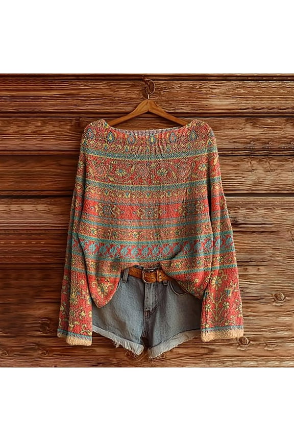 Women's Bohemian Print Sweater - Orange Oversized Pullover with Long Sleeves, Boho Chic Cardigan for Fall, L