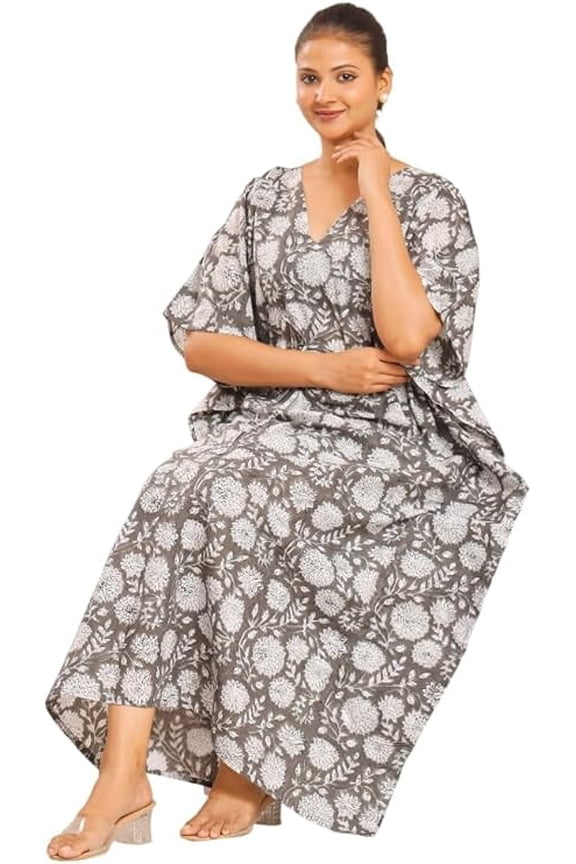 Womens Bohemian Printed Kaftan Dress Flower Hand Block Print Sleepwear Maxi Dress Kimono Rabe Multicolor
