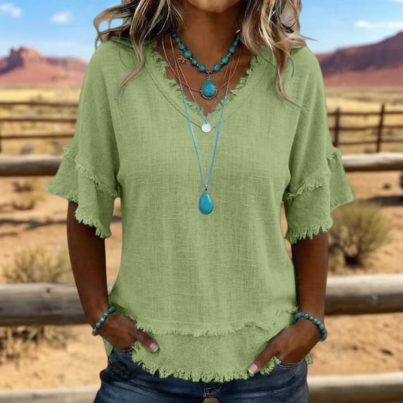 Women's Bohemian Raw Edge Cotton Linen Blend Short Sleeve Tunic Top Loose Fit Casual Blouse Summer Vacation Outfit Lightweight Everyday Wear Green XL