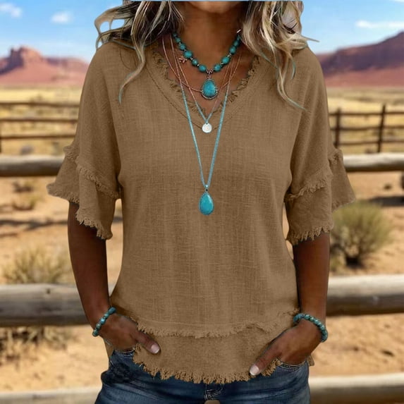 Women's Bohemian Raw Edge Cotton Linen Blend Short Sleeve Tunic Top Loose Fit Casual Blouse Summer Vacation Outfit Lightweight Everyday Wear Khaki XL