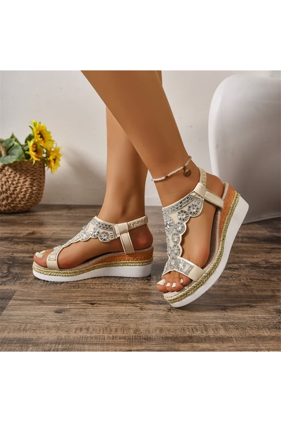 Women's Bohemian Rhinestone Wedge Sandals Espadrille Platform T-Strap Height Increasing Beach Vacation Casual Roman Shoes White 40