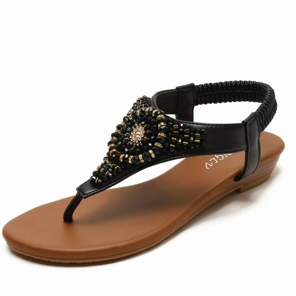 Women's Bohemian Rhinestone Wedge Sandals - Thong Style Roman Sandals with Elastic Strap