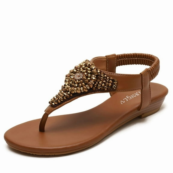 Women's Bohemian Rhinestone Wedge Sandals - Thong Style Roman Sandals with Elastic Strap