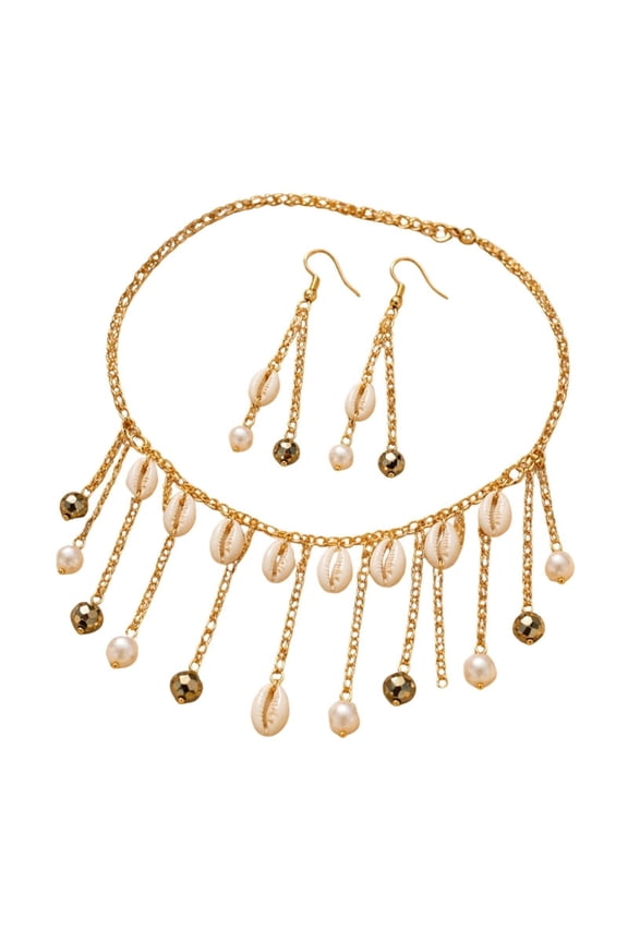 Women's Bohemian Shell Necklace & Earrings Set Gold Tone Layered Chain Jewelry with Cowrie Shells, Pearl Accents & Beads | Fashion Jewelry Set for Women