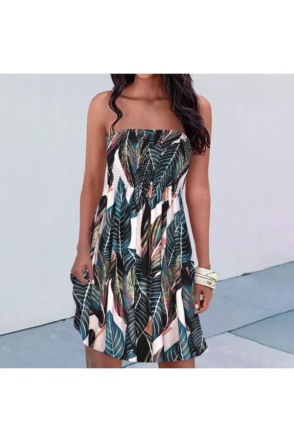 Women's Bohemian Sleeveless Dress Floral Strapless Elastic Summer Dresses