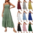 thumbnail image 1 of Women's Bohemian Spaghetti Strap Smocked Tiered Long Beach Sun Dresses Sleeveless Solid Maxi Dress, 1 of 8