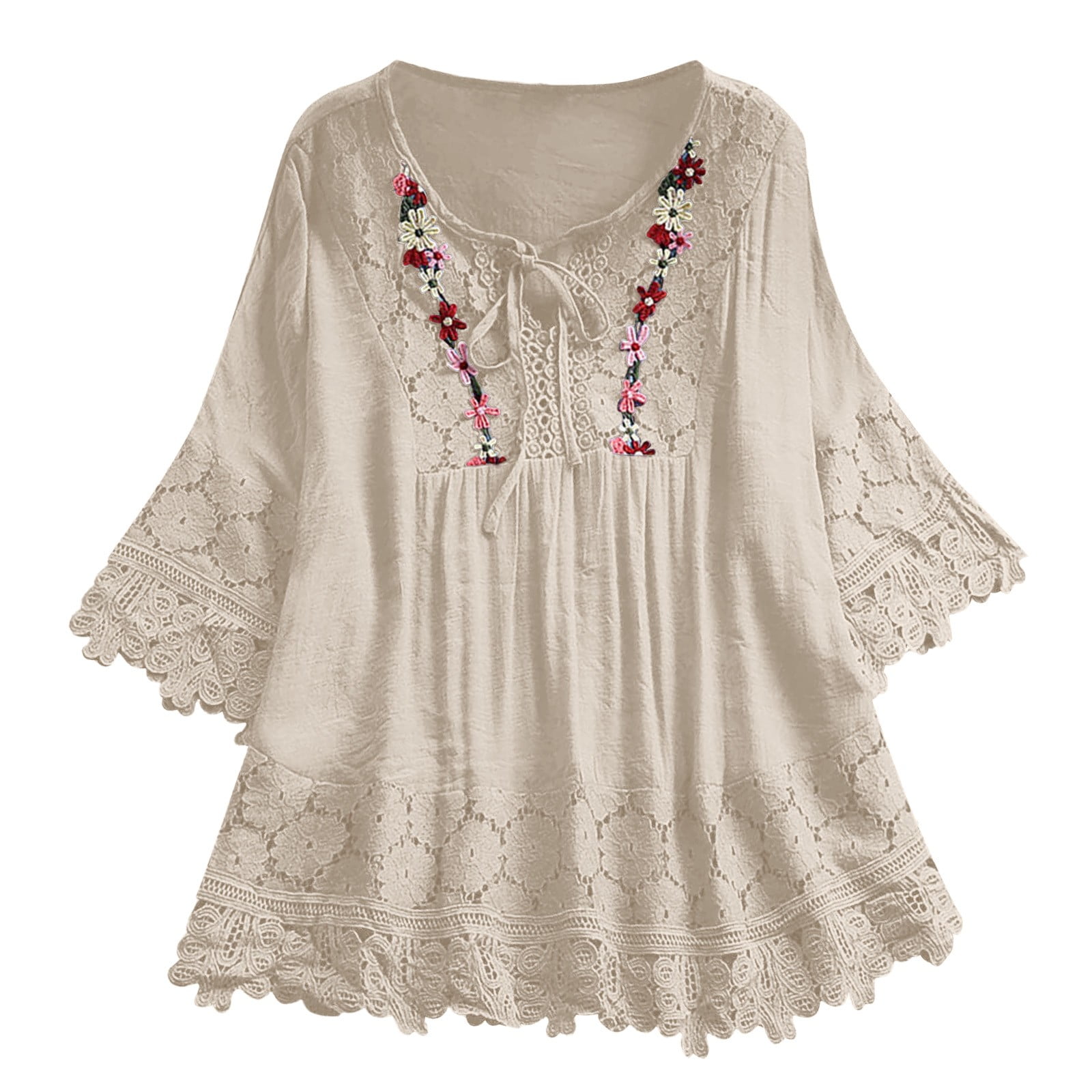 Women's Bohemian Style Embroidered Tops Lace Long Sleeve Blouses Linen ...