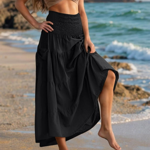 Women's Bohemian Style Long Skirts Summer Loose Fitting Skirts Casual Beach Vacation Half Length Skirt High Waist A-Line Flowy Ankle Maxi Skirt with Pocket