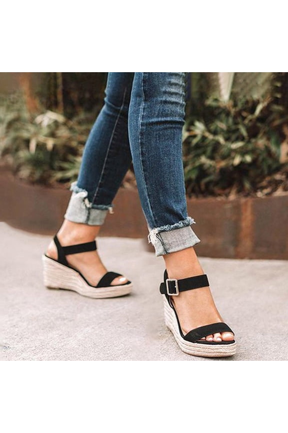 Women's Bohemian Suede Espadrille Wedges, Ankle Buckle Open Toe Platform Sandals, Trendy Summer Footwear for Date, Travel Black 36
