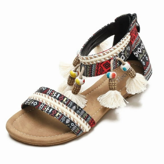 Women's Bohemian Tassel Roman Wedge Sandals - Beaded Open-Toe Sandals with Back Zipper