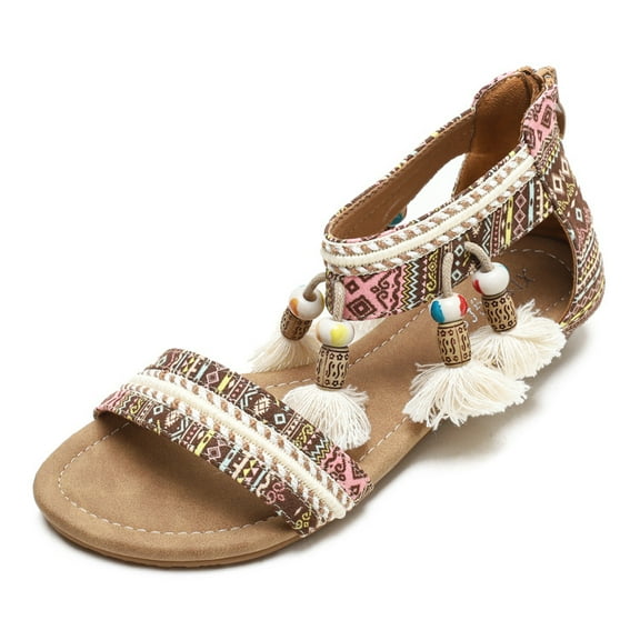 Women's Bohemian Tassel Roman Wedge Sandals - Beaded Open-Toe Sandals with Back Zipper