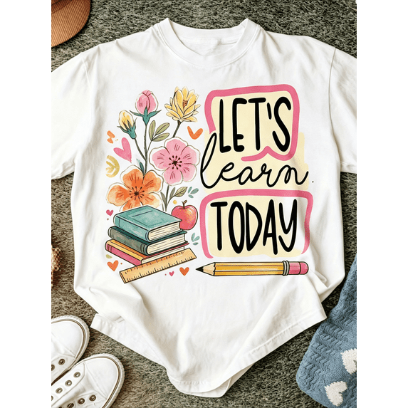 Women's Bohemian Teacher Shirt, Vintage Floral Pencil Print Short Sleeve Tee, Soft Breathable Round Neck