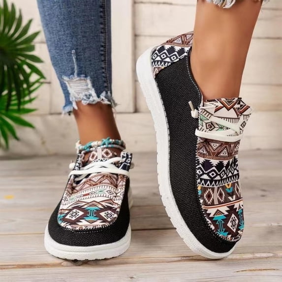 Women's Bohemian Tribal Print Casual Shoes, Non-Slip Soft Sole Canvas Loafers, Lightweight Comfortable Slip-On Sneakers for Everyday & Travel