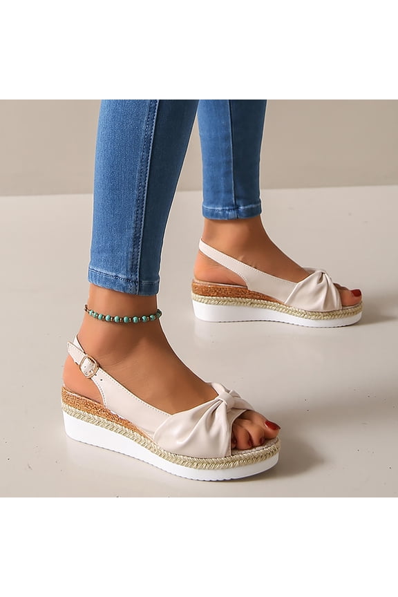 Women's Bohemian Twisted Knot Wedge Sandals, Slingback Open Toe Platform Espadrilles, Trendy Summer Shoes for Date, Travel, Shopping Beige 42