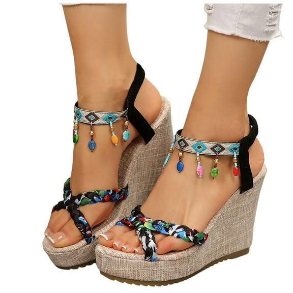Women's Bohemian Wedge High Heel Dress Sandals Ethnic Boho Tassel Platform Chunky Slingback Beach Shoes