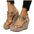 thumbnail image 1 of Women's Bohemian Wedge High Heel Dress Sandals Ethnic Boho Tassel Platform Chunky Slingback Beach Shoes, 1 of 6