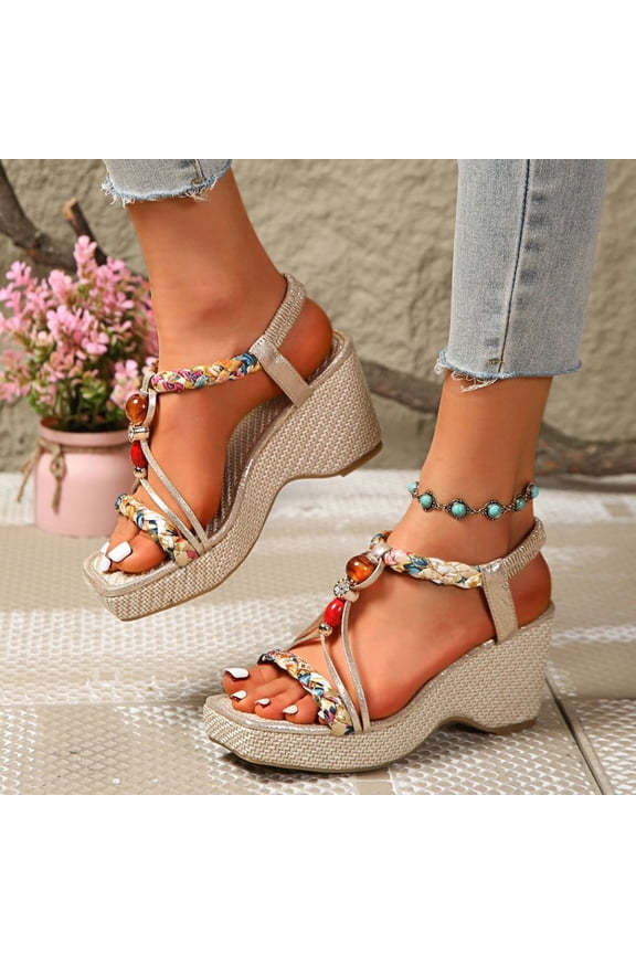 Women's Bohemian Wedge Sandals, Beaded T-Strap Open Toe Platform Shoes, Comfortable Summer Footwear for Beach, Daily Wear Gold 35