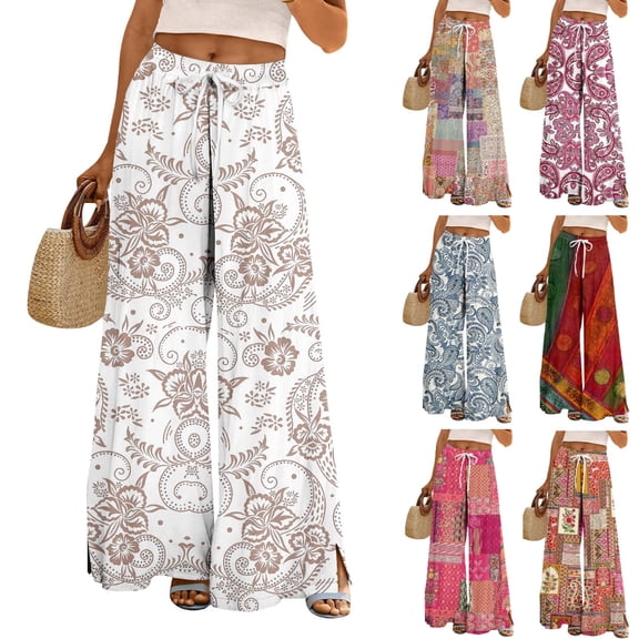 Women's Bohemian Wide Leg High Waist Palazzo Pants with Paisley Print Comfortable and Stylish for All Occasions Beige L