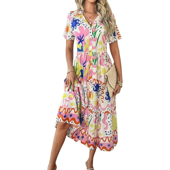 Women's Bohemian-style mid-length floral dress, V-neck short-sleeved summer casual button-neck flowing dress, 2025 beach holiday outfit.