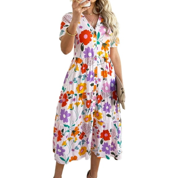Women's Bohemian-style mid-length floral dress, V-neck short-sleeved summer casual button-neck flowing dress, 2025 beach holiday outfit.