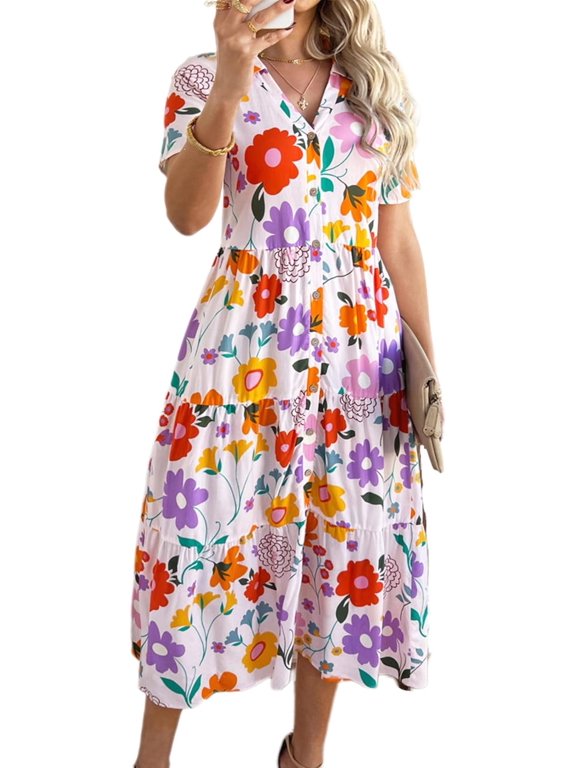 Women's Bohemian-style mid-length floral dress, V-neck short-sleeved summer casual button-neck flowing dress, 2025 beach holiday outfit.