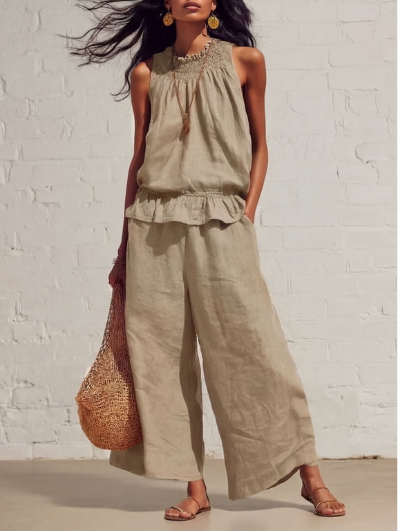 Women’s Boho 2 Piece Summer Outfit Set, Sleeveless Smocked Ruffle Top High Waist Wide Leg Pants, Breathable Imitation Cotton Linen Casual Matching Set with Side Pockets for Vacation Home Daily Wear