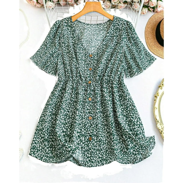 Women's Boho All Over Print Peplum V neck Short Sleeve Multicolor Plus Size Blouses 0XL (12)