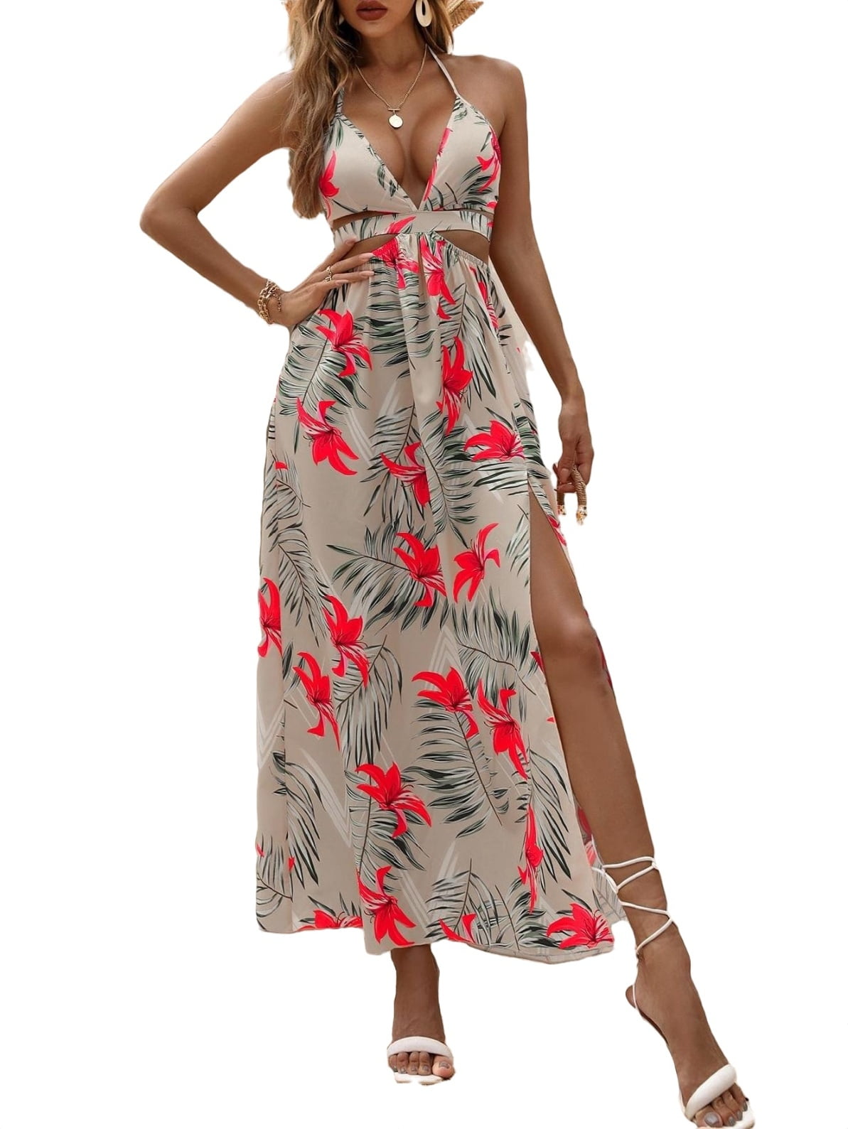 Women's Boho Backless Halter Neck Sleeveless Floral Print Maxi Dress M(6)