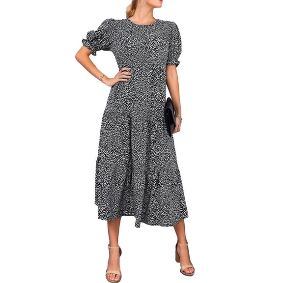 Women's Boho Beach Dress Summer Casual Floral Print Ruffle Dress Short Puff Sleeve Tiered High Waist Loose Midi Dresses