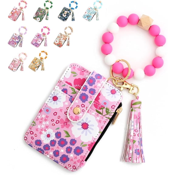 Women's Boho Beaded Wallet, Women's Boho Style Wristlet Beaded & Tassel Decorated Keychain with Floral Wallet