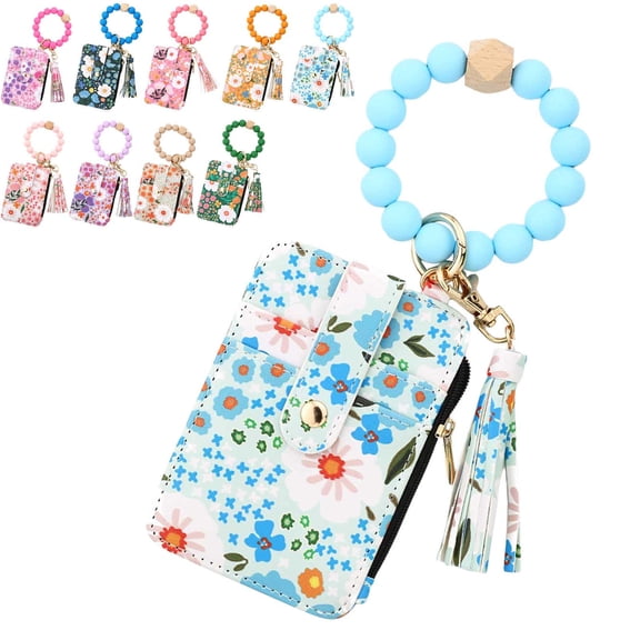 Women's Boho Beaded Wallet with Flower Pattern, Women Boho Style Beaded & Tassel Decorated Keychain, Credit Card Holder Purse, Gift for Friend (A)