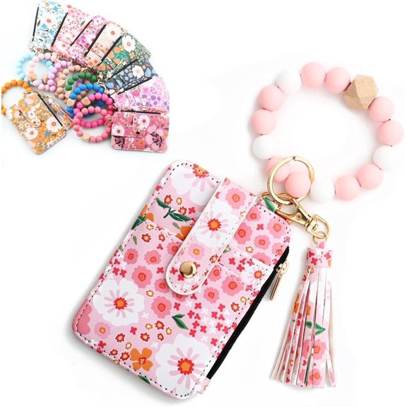Women's Boho Beaded Wallet with Flower Pattern, Women Boho Style Beaded & Tassel Decorated Keychain, Credit Card Holder Purse,Light Pink