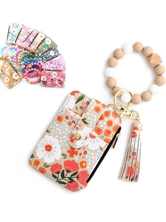 Women's Boho Beaded Wallet with Flower Pattern,Women Boho Style Credit Card Holder Purse with Beaded & Tassel,Khaki
