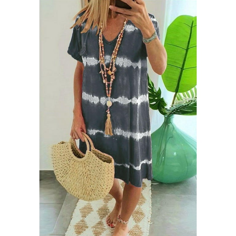 Casual Striped Patchwork V Neck Printed Dress Dresses Casual Striped Patchwork V Neck Printed Dress Dresses