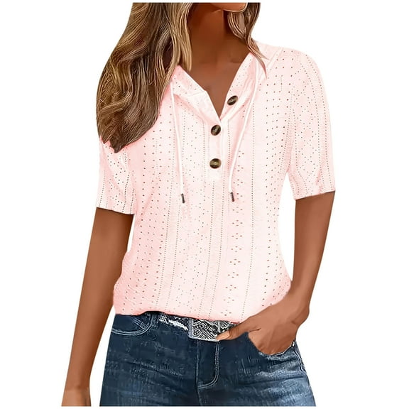 Women's Boho Chic Eyelet Hoodie Blouse – V-Neck Short Sleeve Top with Adjustable Drawstring | Lightweight Summer Shirt (Plus Size S-2X)