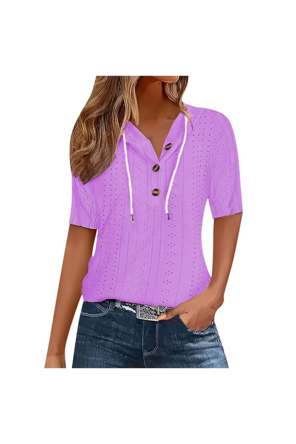 Women's Boho Chic Eyelet Hoodie Blouse – V-Neck Short Sleeve Top with Adjustable Drawstring | Lightweight Summer Shirt (Plus Size S-2X)