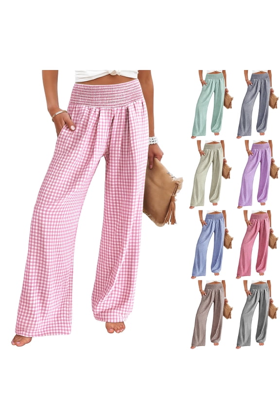 Women's Boho Chic Gingham Trousers with Elastic Smocked Waists and Flowy Wide Legs Cute Casual Trousers with Pockets Coffee S