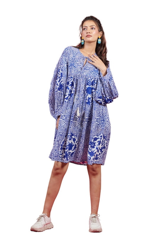 JACK IT UP Women's Boho Chic Printed Smock Dress - Blue and White, Size: Medium