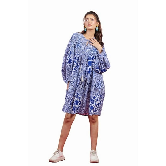 Women's Boho Chic Printed Smock Dress - Blue and White