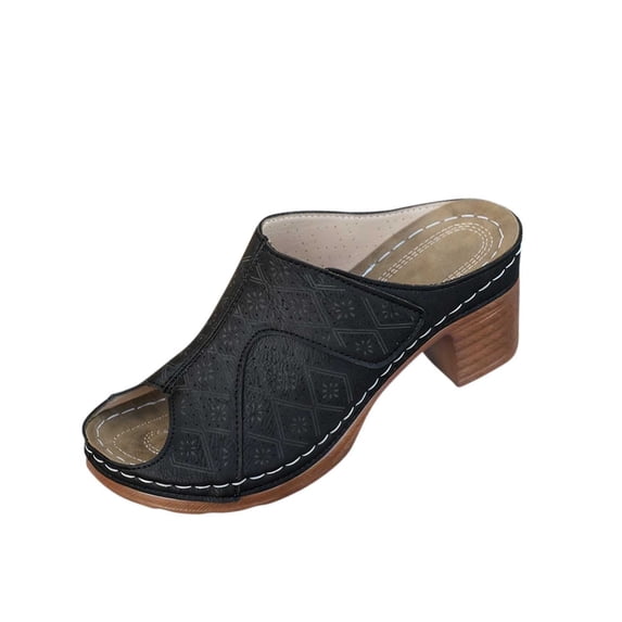 Women's Boho Clogs with Peep Open Toe Summer Sandal Slides Chunky Block Heel Beach Travel Slip On Slipper Shoes