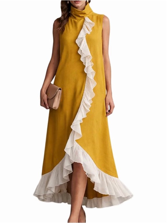 Women's Boho Color Block Set Sleeveless Matching 2 Piece Maxi Dress Shorts Top Ginger Yellow L