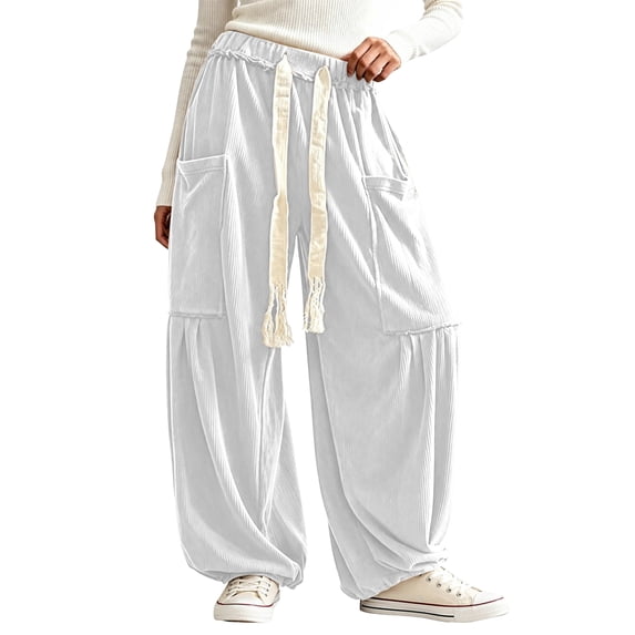Women's Boho Corduroy Balloon Harem Pants Slouchy Straight Leg Trousers with Pockets L