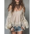 thumbnail image 1 of Women's Boho Cream Lace Cold-Shoulder Blouse with Ruffled Hem & Long Puffed Sleeves Semi-Sheer Top, 1 of 1