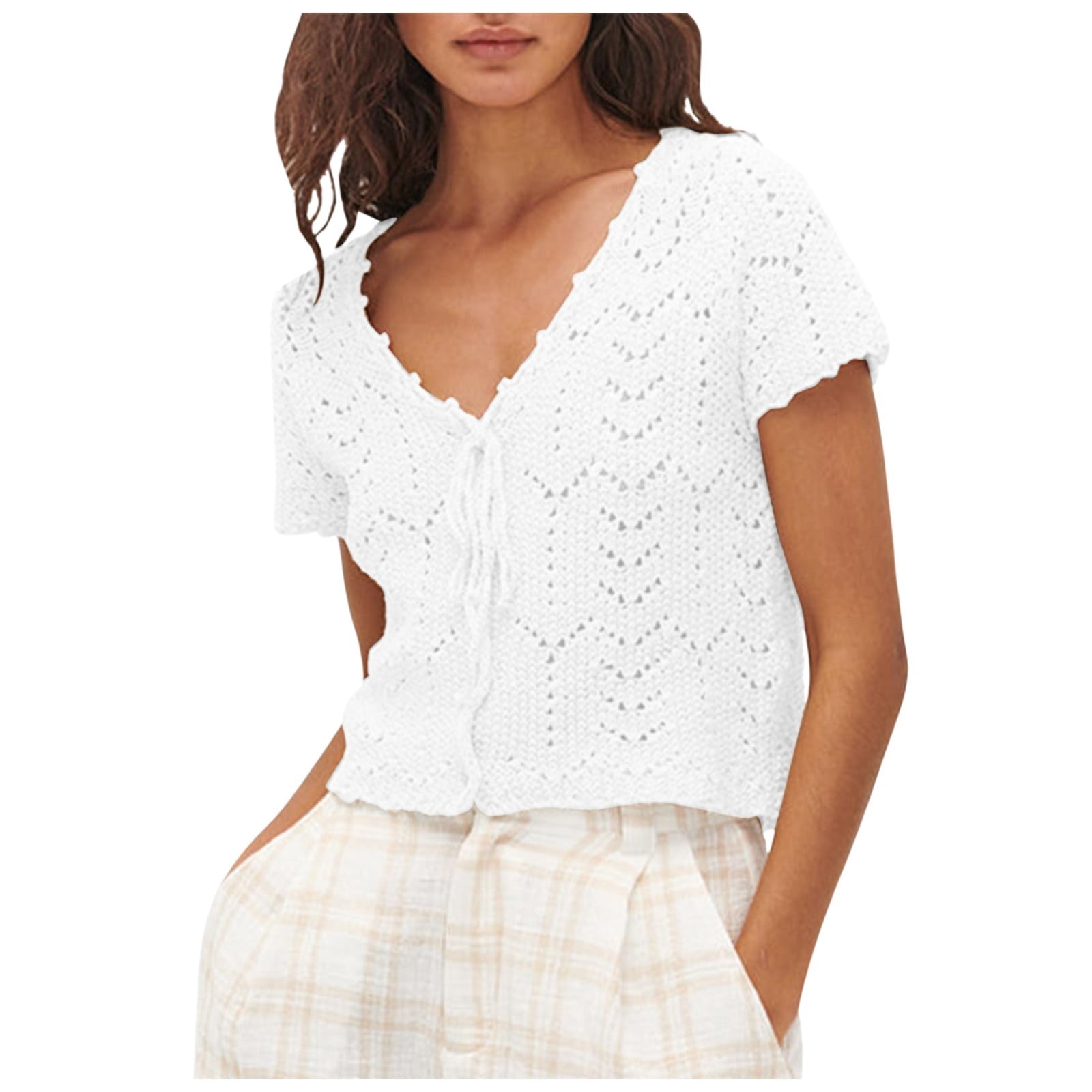 Women's Boho Crochet Cardigan V Neck Open Front Short Sleeve Ruffle ...